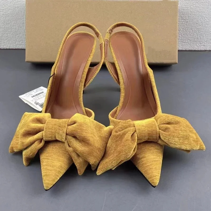 

TRAF Fashion Velvet Bow High Heels For Woman Yellow Pointed Toe Stiletto Pumps 2024 Autumn Elegant Female Wedding Slingback Shoe