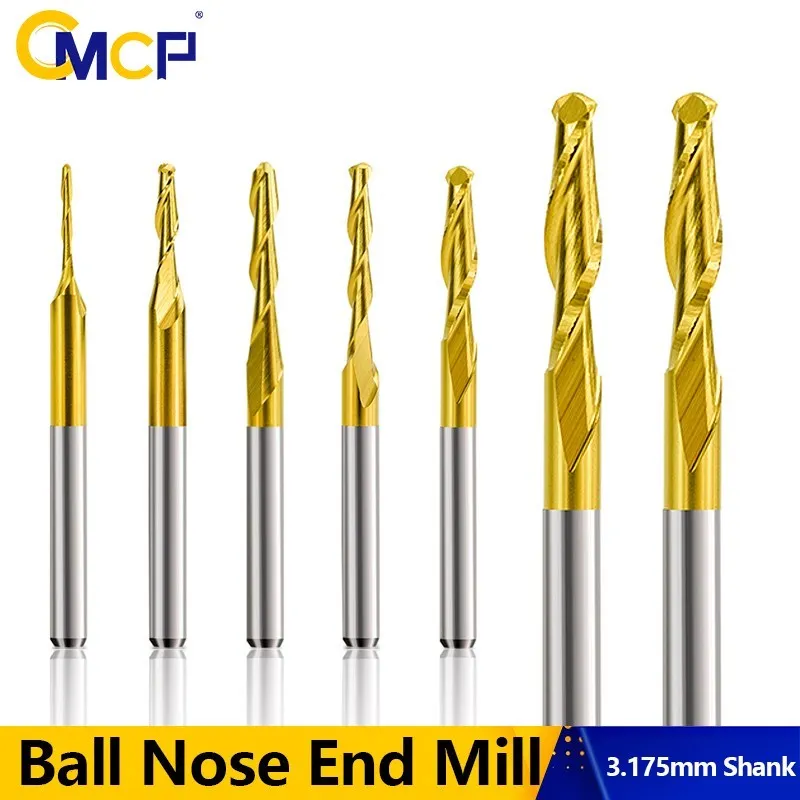 

CMCP Carbide Milling Cutter 3.175mm Shank Ball Nose End Mill 0.8-3.175mm TiN Coated Spiral Engraving Bit CNC Router Bit 10pcs