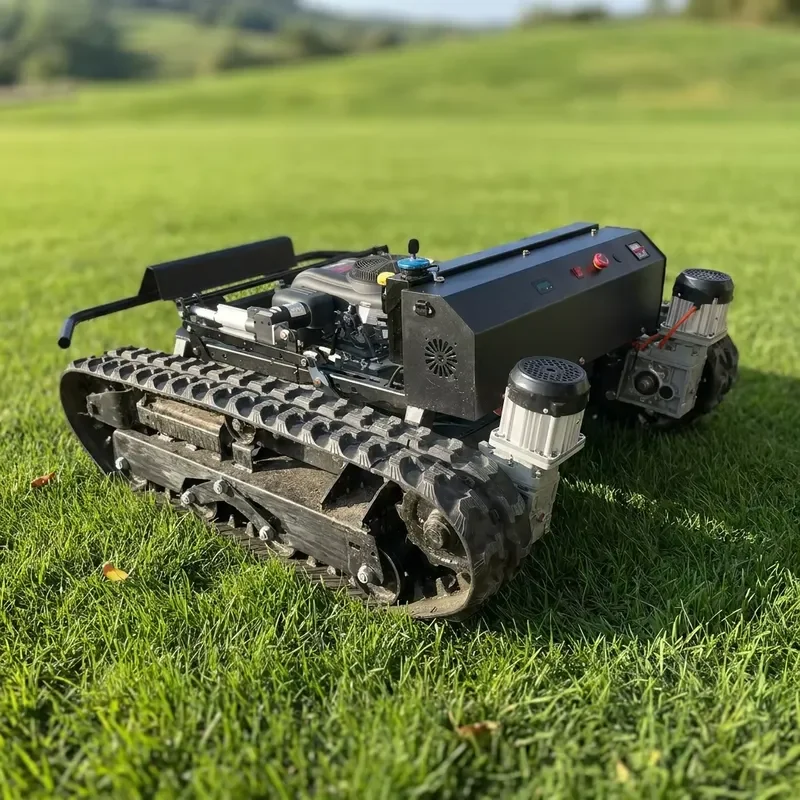 Tracked Remote Control Lawn Mower with Rubber Tracks All Terrain Robotic Grass Cutter for Steep Slopes Orchard and Farm