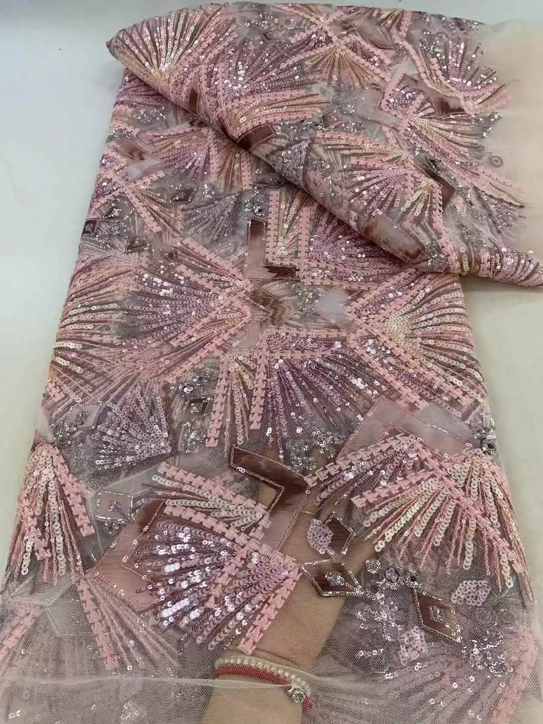 

Luxury French Mesh beads Lace Fabric High-Quality Sequins for Women Wedding Party Dresses African Nigerian Style Sewing ZX