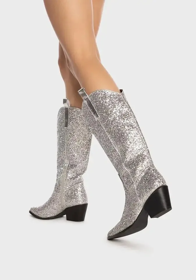 BlingBling Rhinestone Mid-Calf Pointed Toe Women Boots Stiletto Chunky High Heels Side Zipper Design Large Size Fashion Shoes