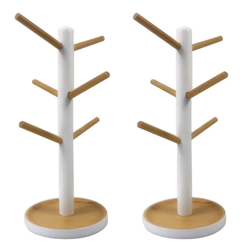 2X Wooden Mug Hanging Display Rack Drinkware Shelf With 6 Hooks Tree Shape Wood Coffee Tea Cup Storage Holder Stand