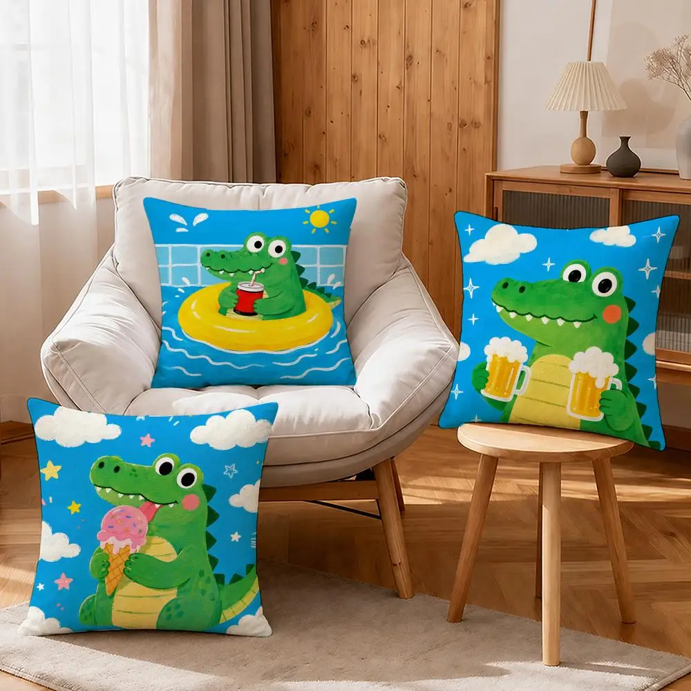 Cartoon Happy Croc Pops Cushion Cover Linen Anti-Mite Antibacterial Cushion Cover Invisible Zipper Sofa Decor