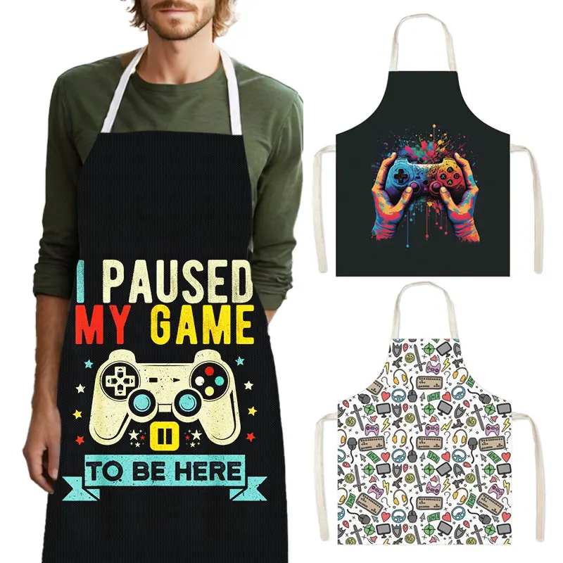 L Paused My Game To Be Here Print Cooking Apron Video Game Fans Household Cleaning Clothing Gamepad Pinafore Chef Kitchen Aprons