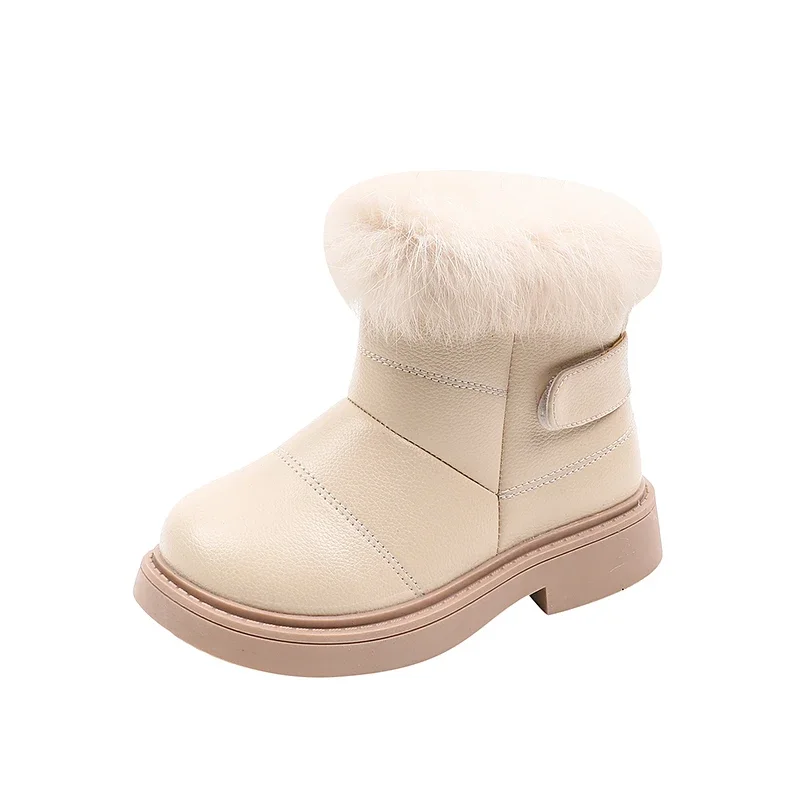 Botas de nieve para niños, botas cortas de cuero de Color sólido para niñas, botas gruesas y cálidas de piel de felpa a la moda para niños, antideslizantes, novedad de 2024