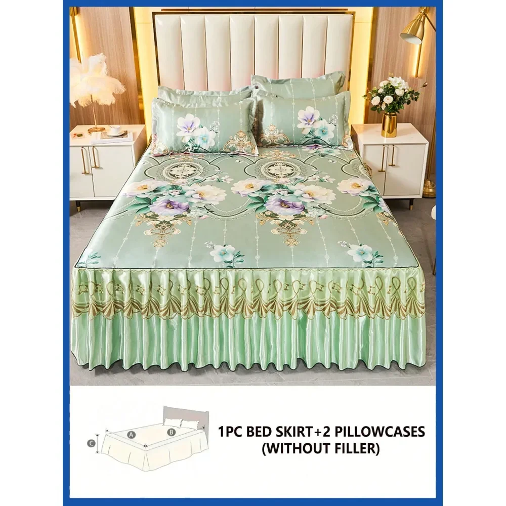 

Soft Breathable Floral Printed Bed Skirt Set 1 Bed Skirt 2 Pillowcases, MoistureWicking, WrinkleResistant, All Season, Elegant