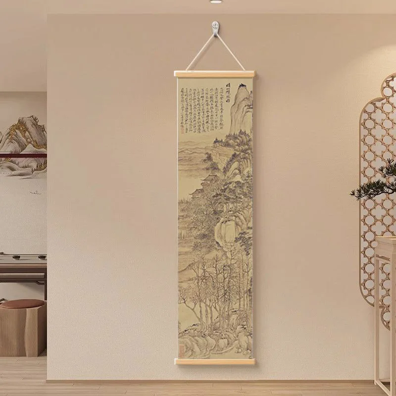 Zen-Trockenlandschafts-Wandkunst, Holzrahmen-Tuschemalerei für Wohnzimmer-Meditationsdekoration, asiatische minimalistische Schriftrolle zum Aufhängen