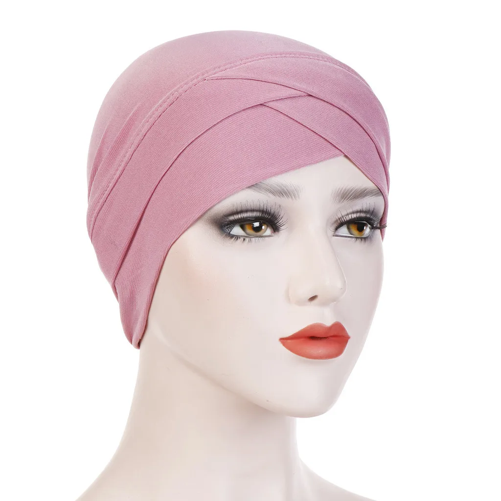 Women Muslim Cotton Turban Folding Cross Knotted Hair Ribbon Scarf Elastic Head Wrap Headwear Bandanas Lady Hair Hats Beanie