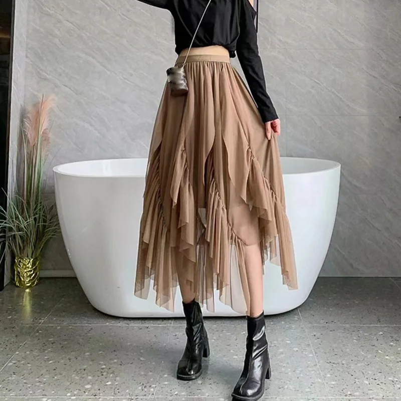 OHRYIYIE-Falda larga de tul para mujer, prenda informal de cintura alta, color Beige y negro, corte Midi, Otoño e Invierno