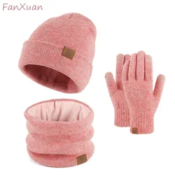 Mens Winter Hat Scarf Gloves Set Thick Plush Velvet Lining Beanies Hats Set for Women Snood Scarves Touchscreen Gloves