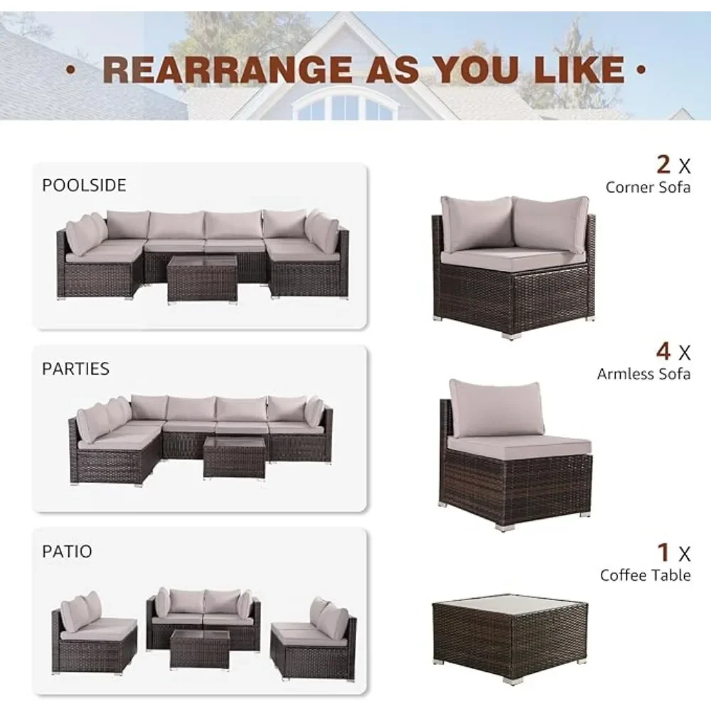 Set furnitur teras 7 buah, Set perabot teras Modular, Set Sofa anyaman luar ruangan, Set percakapan teras anyaman rotan PE