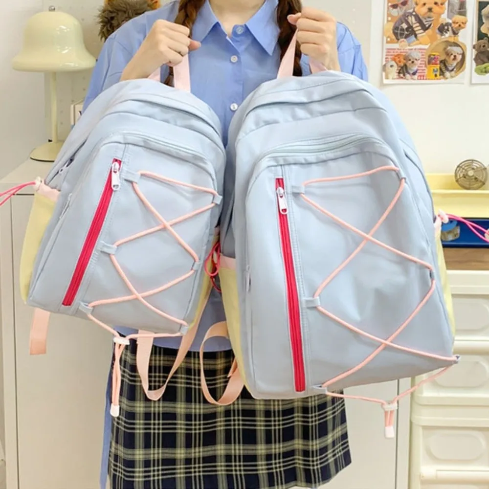 Multi-pockets Drawstring Backpack Large Capacity Solid Color Student School Bag Cloth Dopamine Travel Rucksack Teenage Youth