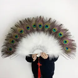 Large Peacock Feather Fan Cheongsam Show Live Performance Feather Folding Fan Gothic Dance Hand Fan Wedding Party Decoration