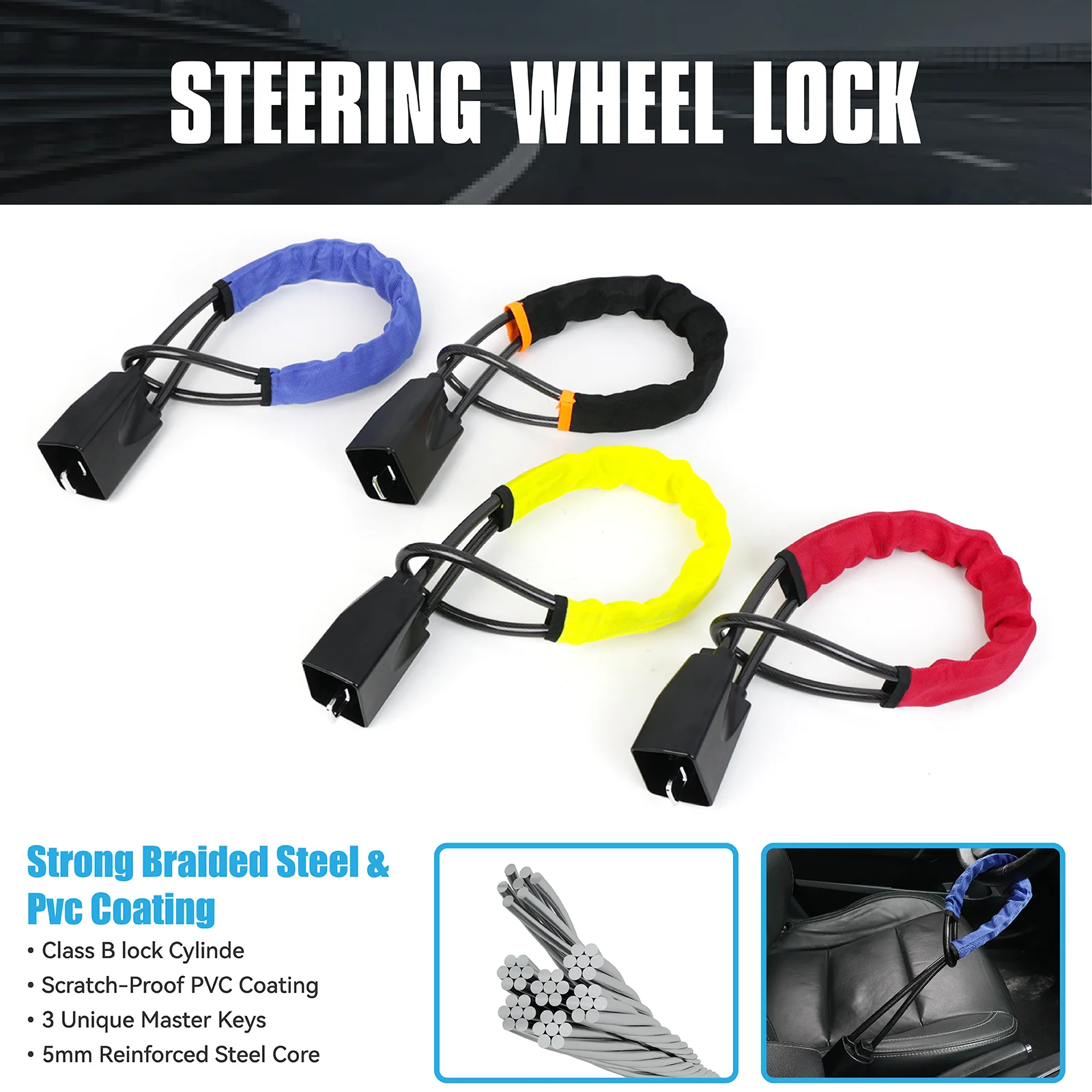 

Car Steering Wheel Lock With Seat Belt Socket Steel Rope for Truck SUV Van RV With 3 Keys Universal Anti Theft Protection Device