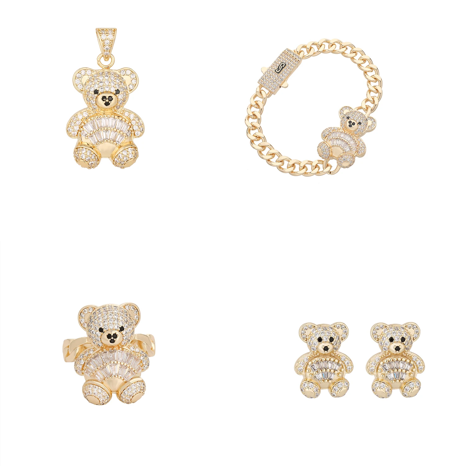 Bear pendant bracelet earring ring set, four-piece jewelry set for girlfriend as a gift, support wholesale