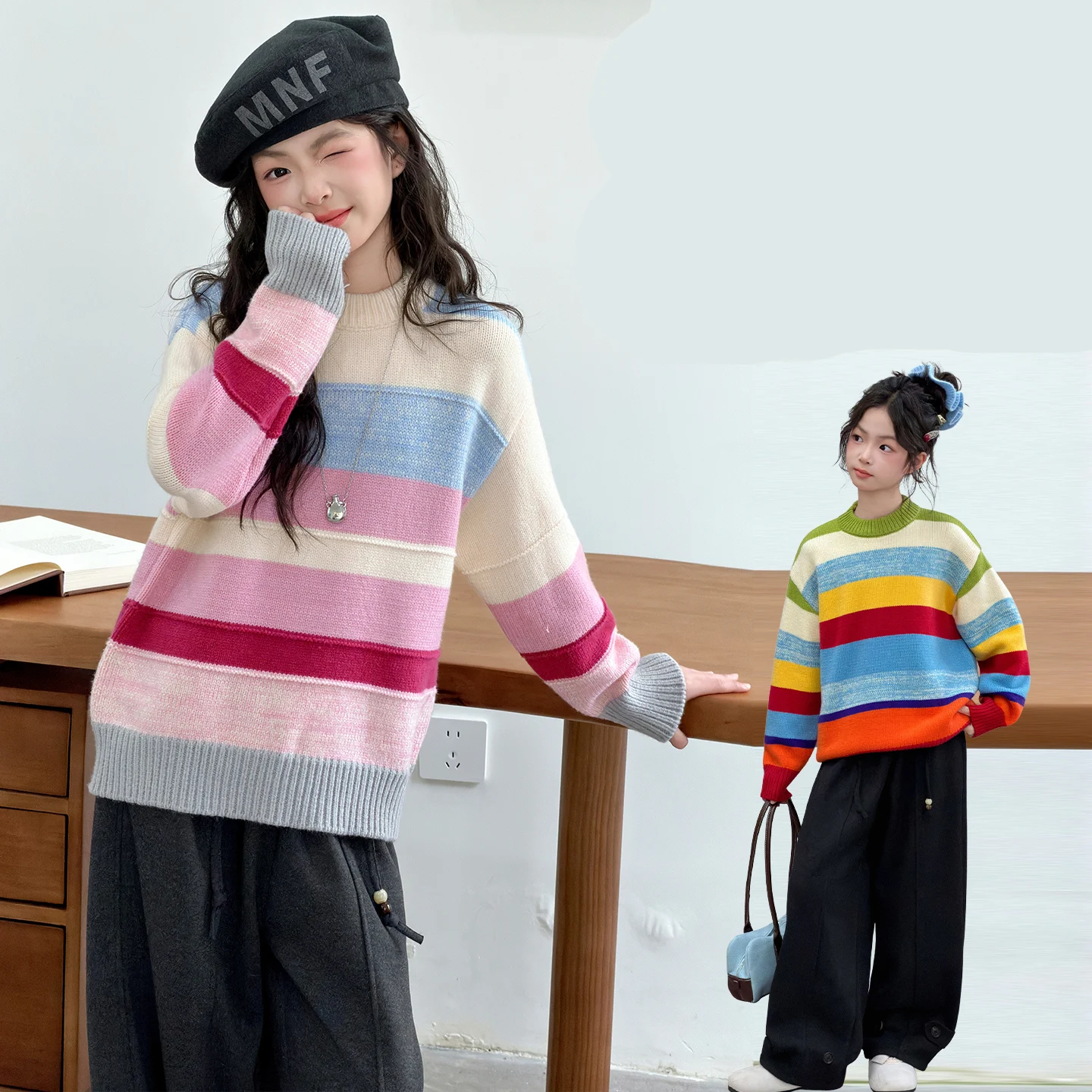2026 New Autumn Teenage Girls Colorful Striped Sweater Elegant Kids Child Rainbow Knitwear Age 5 6 7 8 9 10 11 12 13 14 Year Old
