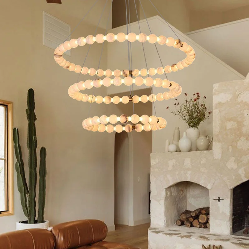2026 Designer Single Layer Marble Pendant Lamp Ring Chain Chandelier Dimmable Ceiling Luster Adjustable Height