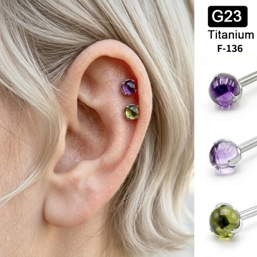 G23 Titanium Labret Stud Earring Cabochon Gem Hypoallergenic Round Smooth Surface Cartilage Tragus Pink Lip Piercing Decor Set