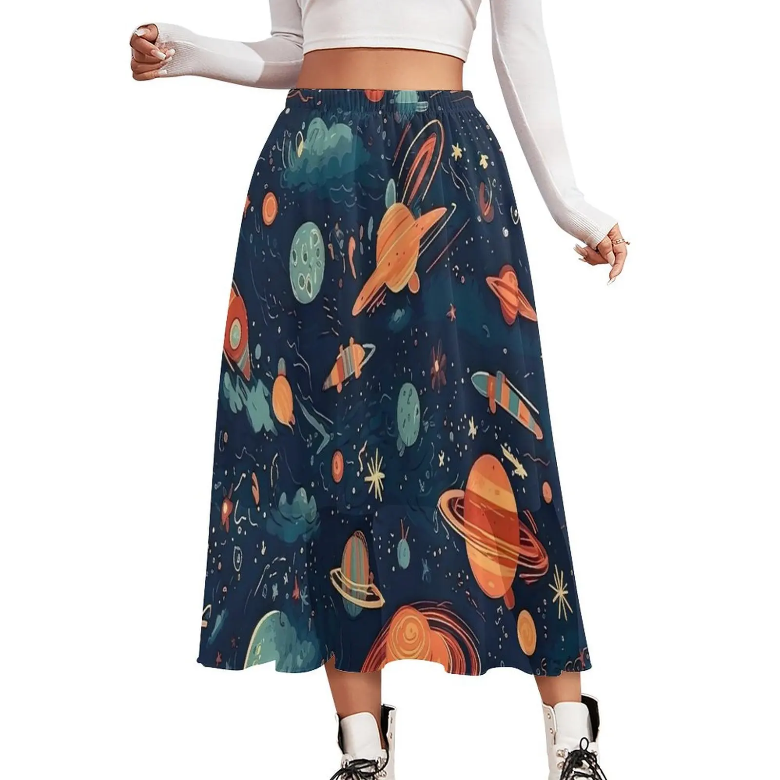 

Space Sketch Chiffon Skirt Cute Planets Stars Street Style Casual Skirts Women Beach Boho Skirt Graphic Clothing Gift