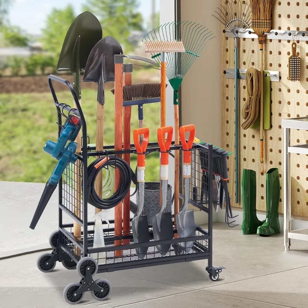 

Garden and Yard Tool Organizer with Rolling Storage Rack for Garage and Gardening Tools