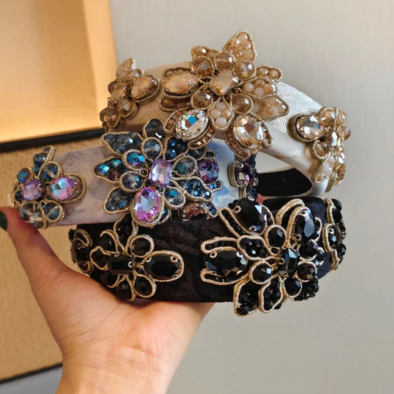 Handmade Luxury Crystal Diamond Jacquard Sewn Hair Hoop Flower Decoration Headband Wash Face Hairband Women Hair Accessories