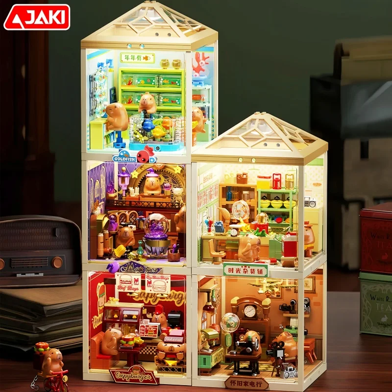 Jaki blocos de construção capivara retro combinação ornamentos em miniatura cena rua modelo lazer dos desenhos animados quebra-cabeça apresenta brinquedos