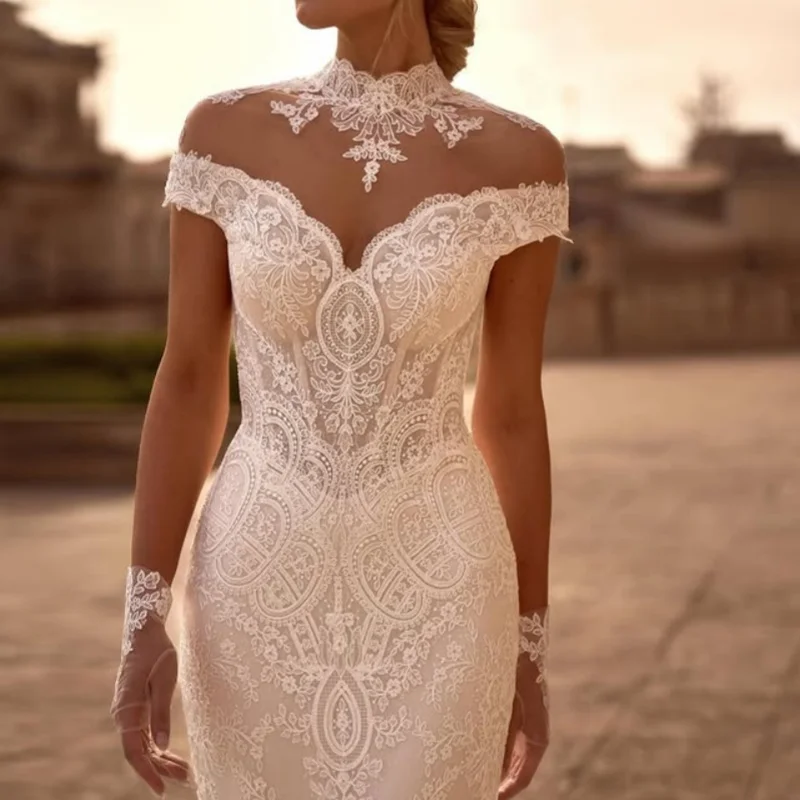 

white fishtail Wedding Dresses The corset is embroidered glitter beading decal off-shoulder Bridal Gowns multi-layer Made