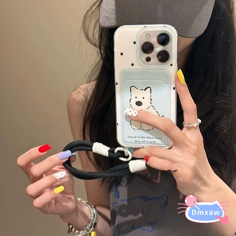 

Cute West Highland Dog Card Holder Casing For iPhone 17 Air 16 15 14 Plus 13 12 11 Pro Max Phone Case Soft Cover With Hand Rope