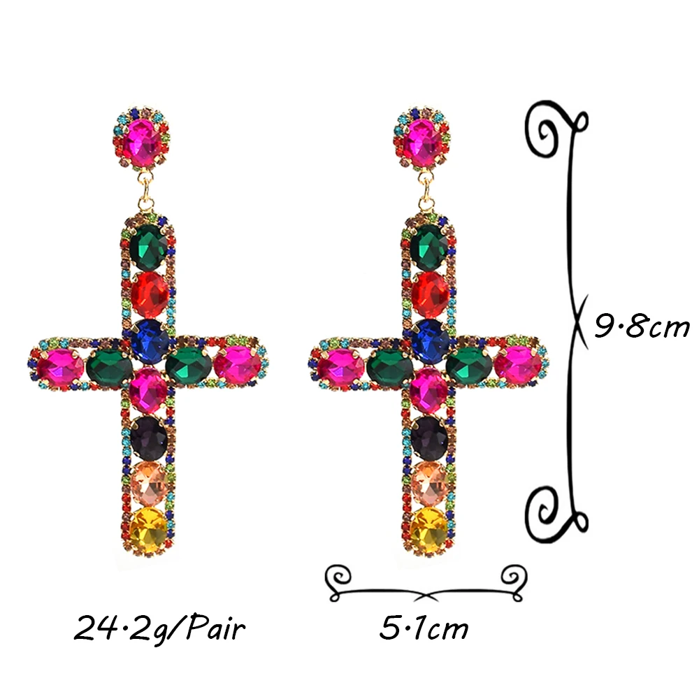 여성용 빈티지 멀티 컬러 크리스탈 크로스 빅 댕글 귀걸이, 럭셔리 유리 라인석 드롭 귀걸이, 바로크 주얼리 선물