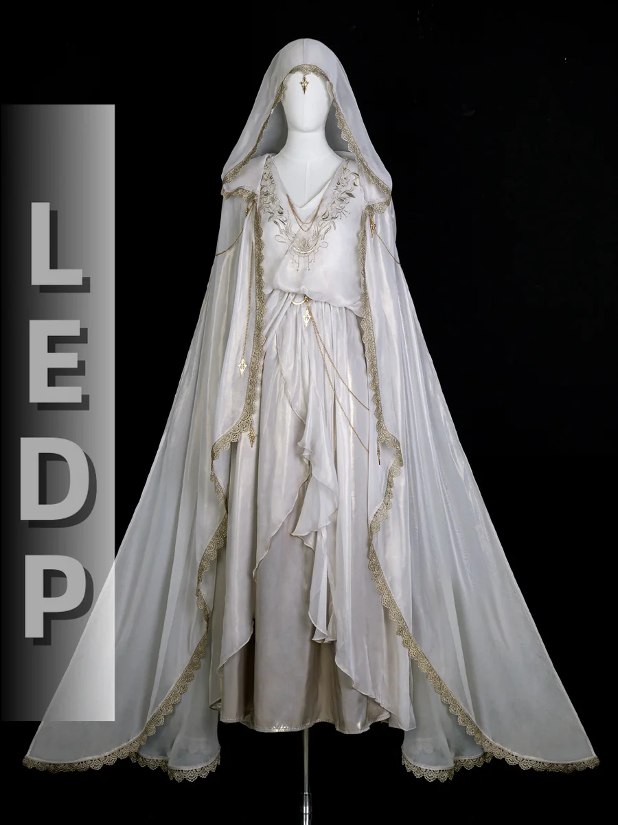 IMU Original Designer Angle Lolita Vestido Embroidery Fairy Cape White Gothic Flying Sleeve Hooded Long Dress Set