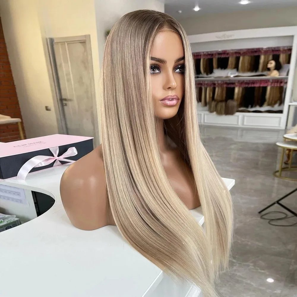 Wig Female Ombre Platinum Blonde with Ash Brown Roots Straight Natural Wig 13x4 HD Synthetic Fibre Full Wig HD Lace Daily Party