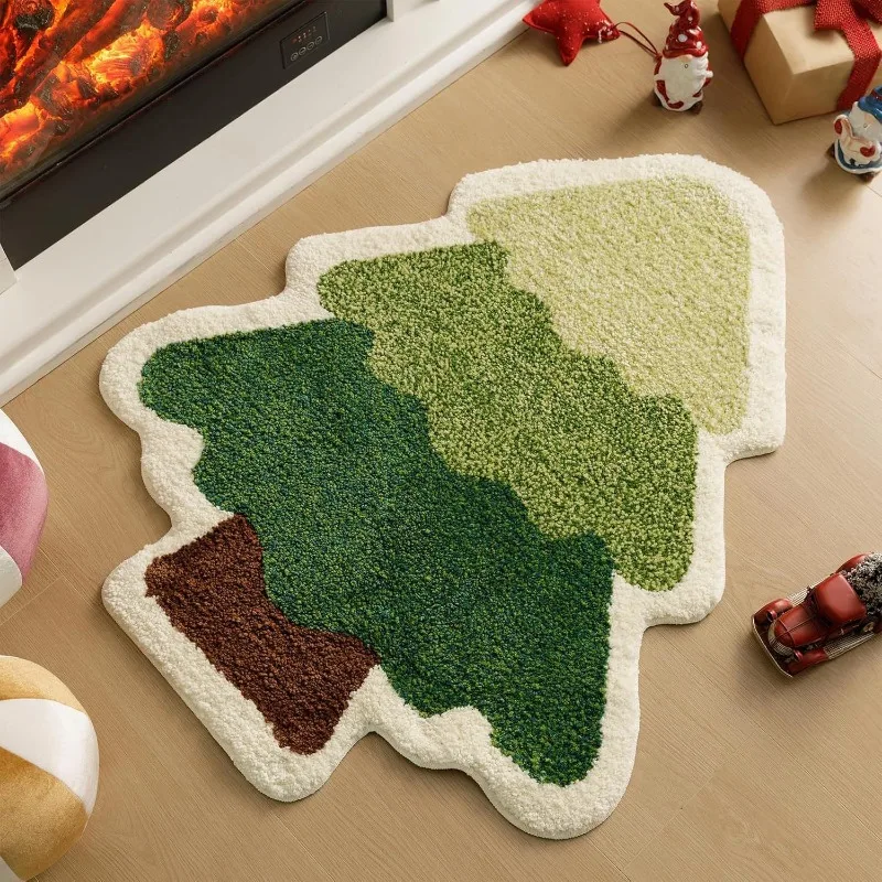 Plush Christmas Tree Shaped Fluffy Carpets for Living Room Kitchen Mat Non-Slip Bedside Floor Mats Entrance Doormat Area Rug