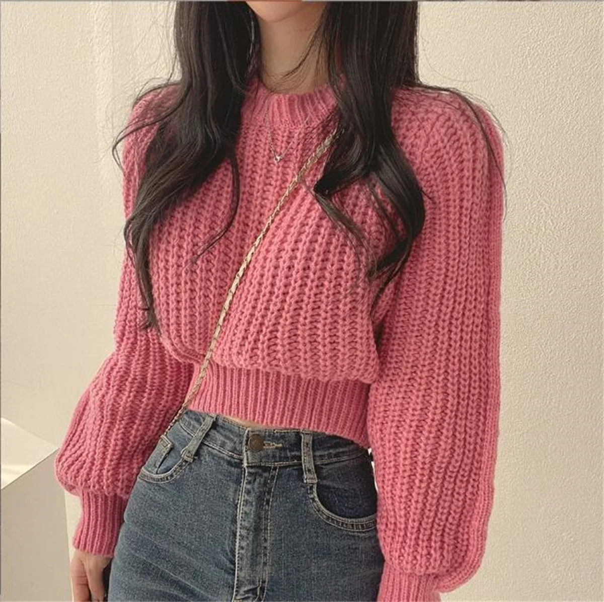 Puffy Sleeve Knit Top Women Vintage Autumn Winter Solid Sweater O Neck Loose Casual Tops Soft Chic Elegant  Pullover 2024 New