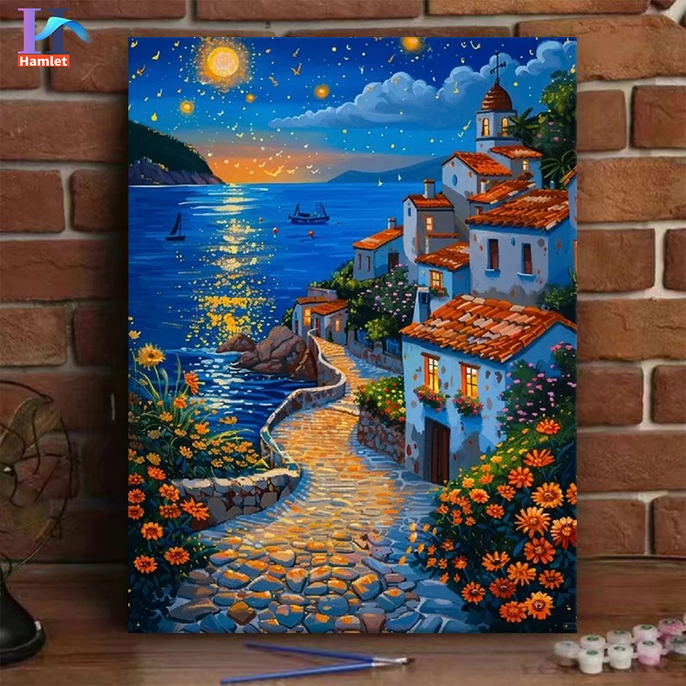 Hamlet Canvas Paint by Numbers Kit, Seaside Town Painting, Scenery Paints for Adults, DIY Acrylic Paint, Gift for Home Decor