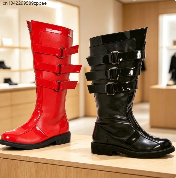 Vintage Shiny Faux Leather Length Cosplay Boots Multi Buckle Strap Decor Flat Heel Boot Footwear Masquerade Stage Show Shoes