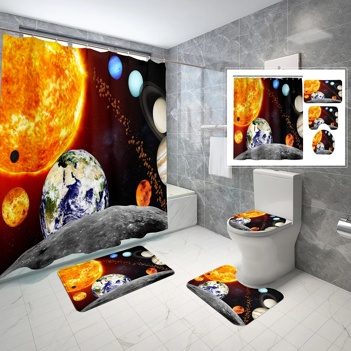 4 Pcs Planet Theme Shower Curtain Set Universe Galaxy Solar System Non-slip Bath Mat Toilet Lid Waterproof Shower Curtain Set