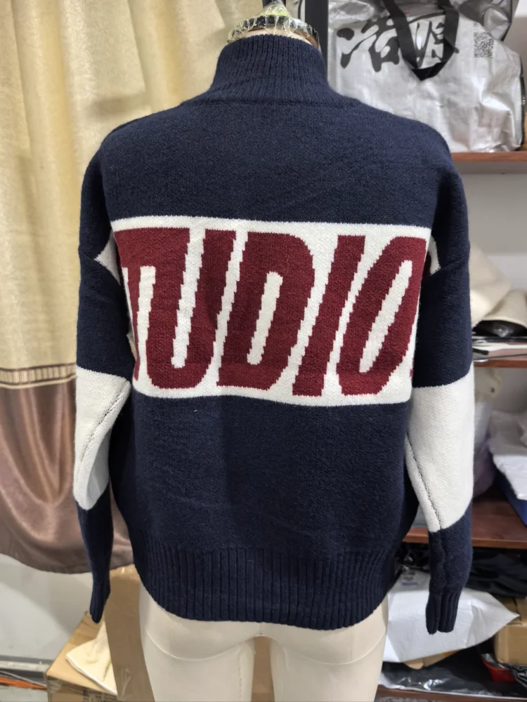 Herbst Vintage Strick-Kurzpullover für Damen, Schicker Doppelreißverschluss Hochkragen Patchwork-Cardigan, Neuer Pendler-Streetwear-Stil – Detail 5