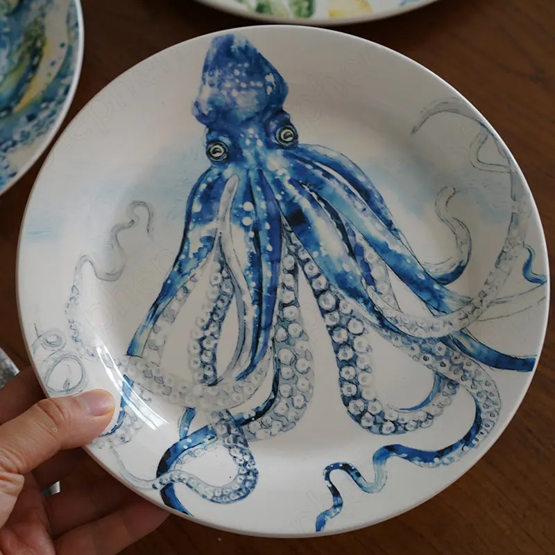 Creative Underglaze Color Squid Ceramic Plate European Modern Marine Animal Steak Pasta Plates Coral Octopus Cake Dessert Dishes