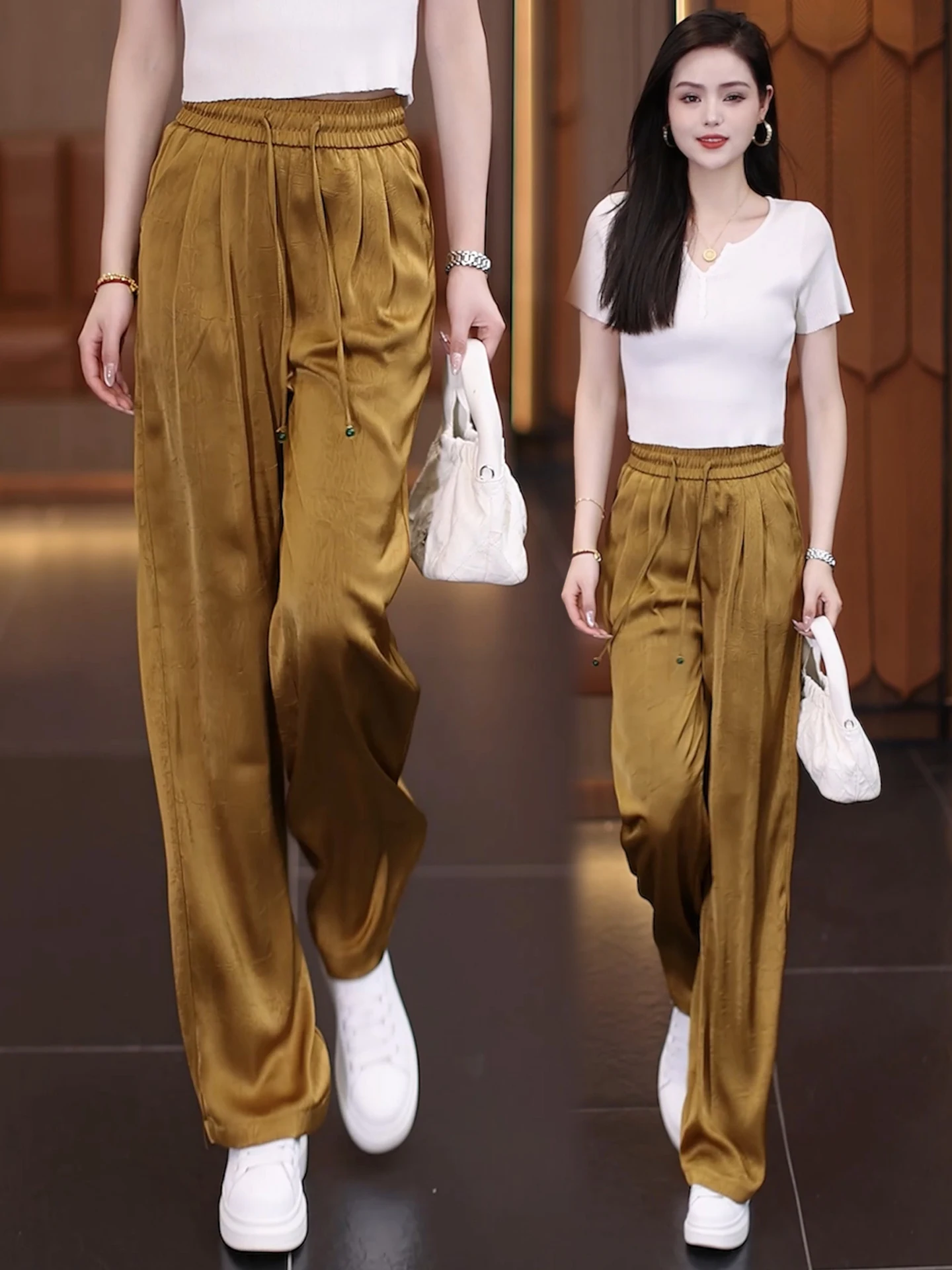 

Acetate Satin Wide Leg Pants Women Summer Thin Elastic Waist Loose Drapey Ice Silk Casual Straight Leg Trousers