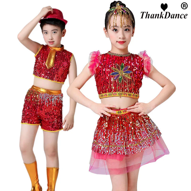 

Kids Modern Dance Dress Girls Stage Clothes 2Pcs Jazz Dance Outfit Costumes Sequin Ballroom Clothing Cheerleading Performance