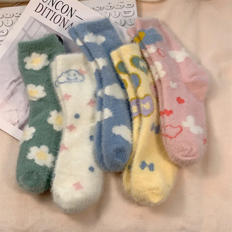 

Kawaii Cute Socks Autumn Winter Thick Warm Soft Plush Women's Socks Coral Fleece Thermal Homewear Floor Sleeping Socks