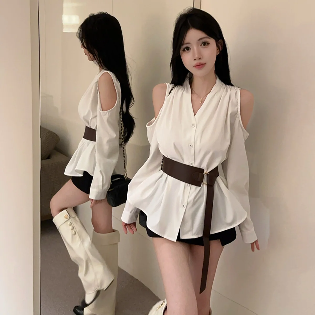 

Shoulder Bared Loose Waist Design Shirt with Belt Gentle Style Long Sleeve Women's Casual Shirt Cross-Border Fashion