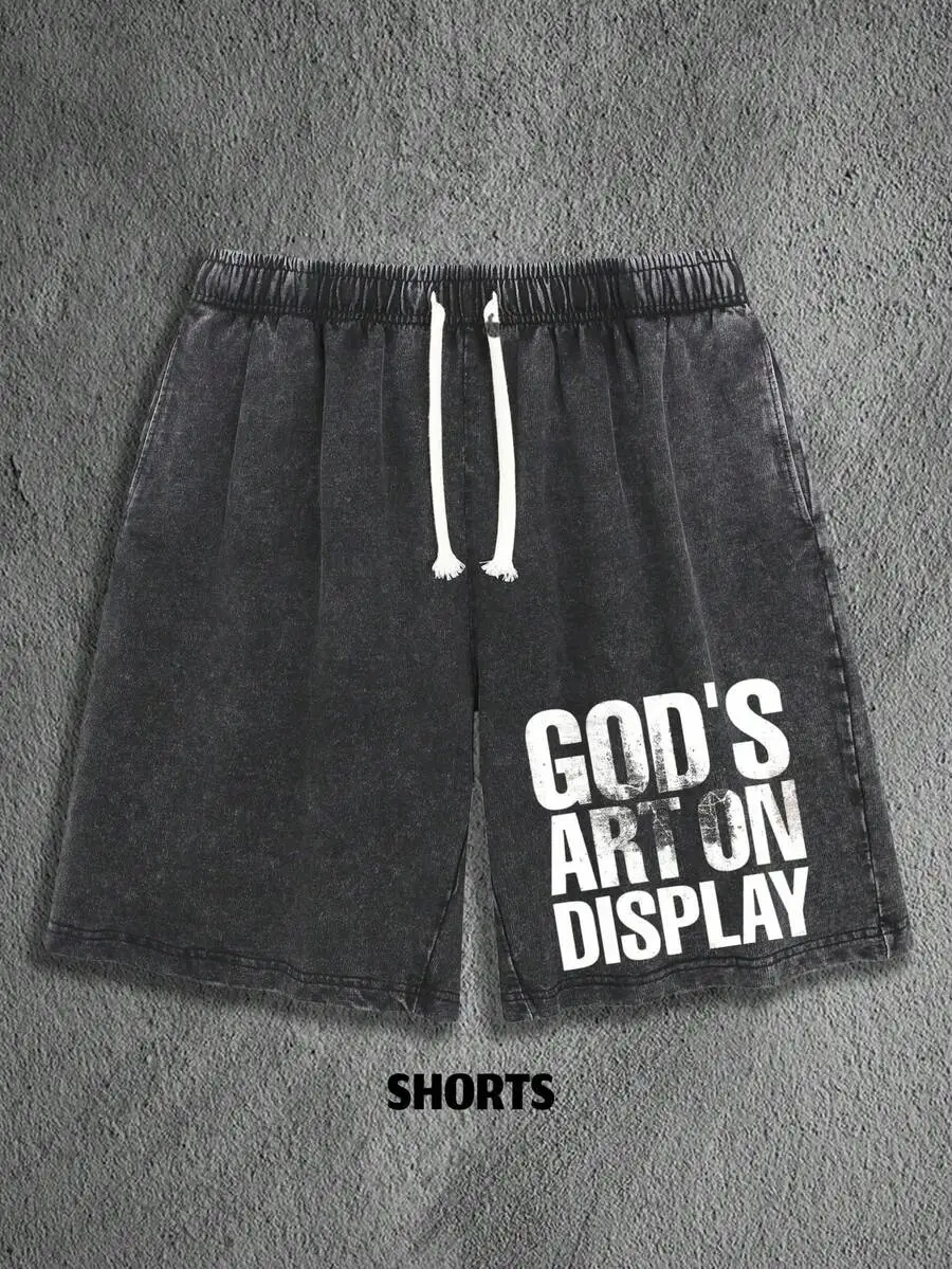

Mens Vintage Washed Cotton Shorts With Faith Graphic Print