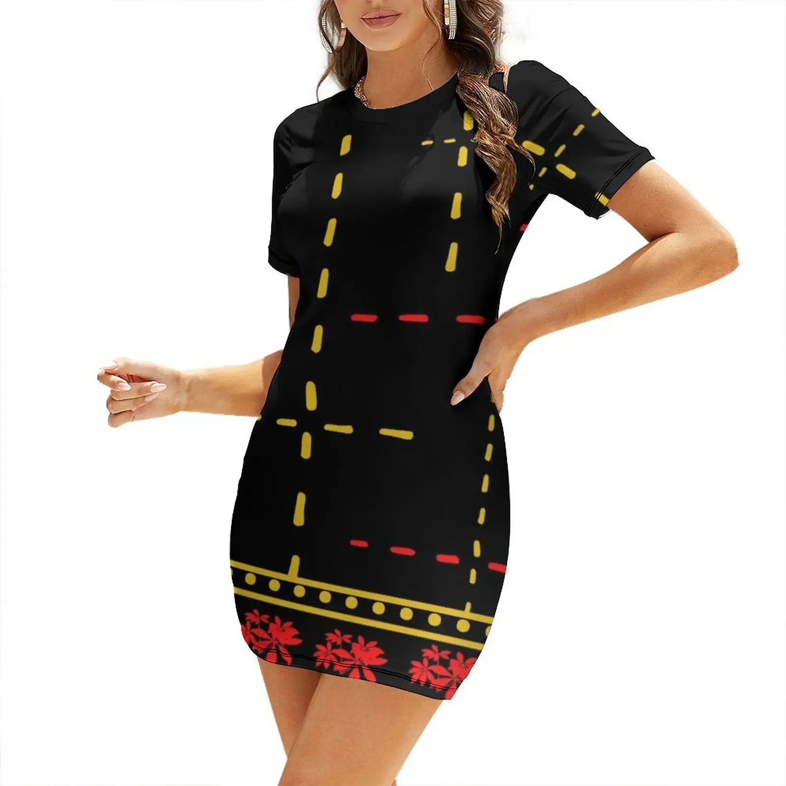 

Red Flower With Dashes line Short-Sleeved Dress women's summer dress 2025 evening dresses ladies women's fashion dresses Dress