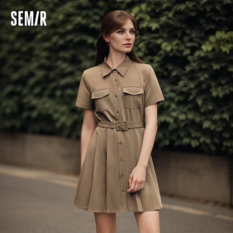 

Semir Dress Women Waist Solid Colour Fashion Simple Casual 2024 New Summer Lapel Pleated Short Dress Versatile