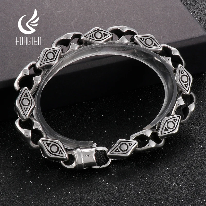 Fongten Punk Bracelets For Men 316L Stainless Steel Vintage Link Chain Geometric Square Charm Men's Wristband Bracelet Jewelry