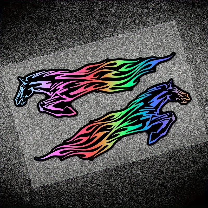 

2Pcs 2D Flat Holographic Flame Horse Vinyl Stickers, Waterproof Durable Decals for Cars & Motorcycles