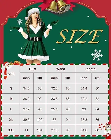 Womens 4 Pieces Mrs Santa Claus Costume Velvet Santa Dress Christmas Cosplay Outfit for Holiday Party Stage Performance Dress Up