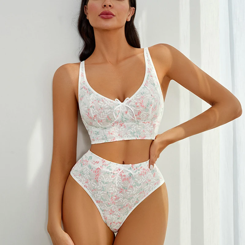 Sexy Womens Wireless Bra Set Breathable Floral Embroidery Brassiere with Panties Underwear Female Lingerie S M L XL