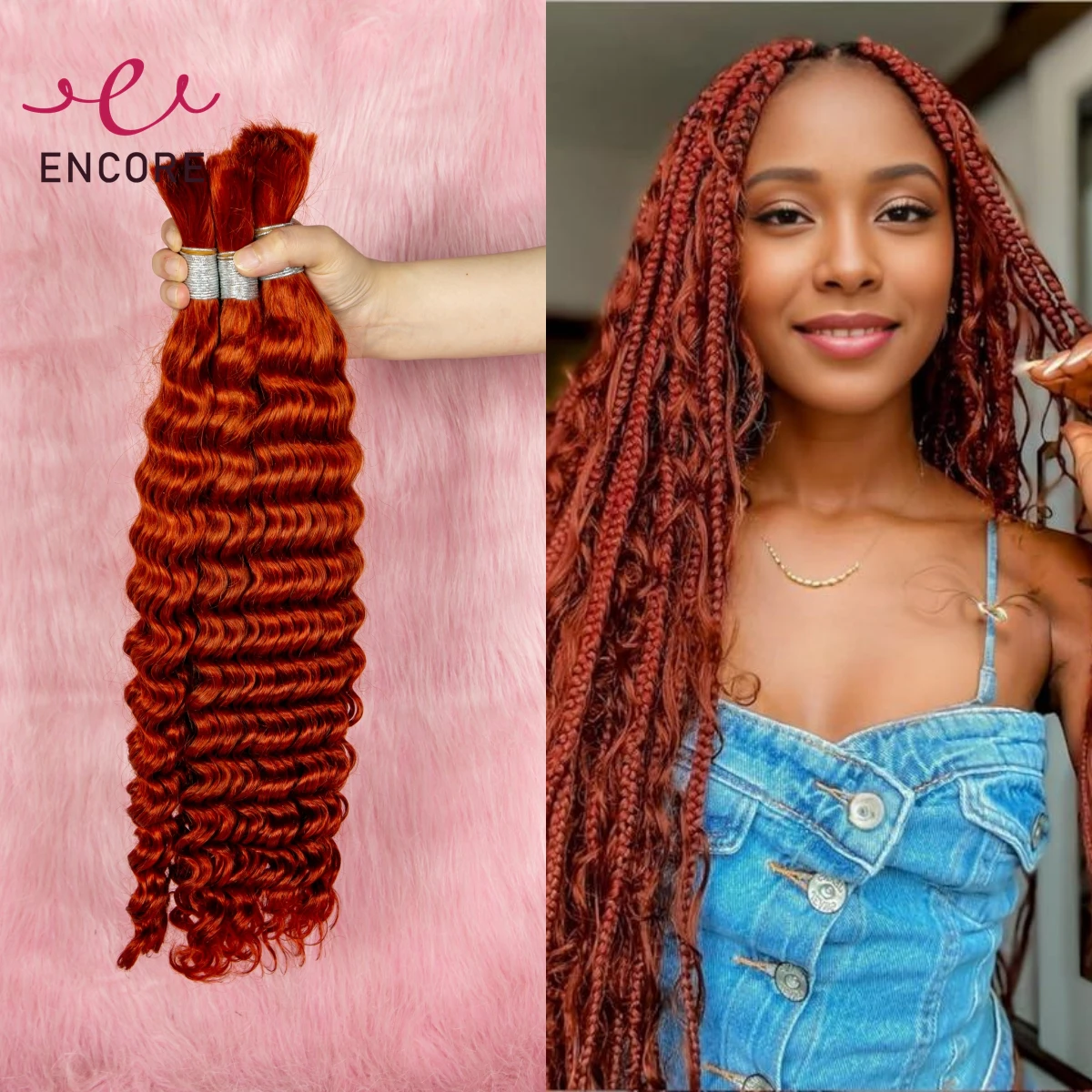 Ginger Orange 26 28 Inch Human Hair Bulk for Boho Braiding Deep Wave 100% Brazilian Virgin Hair Bundles for Braided Extensions